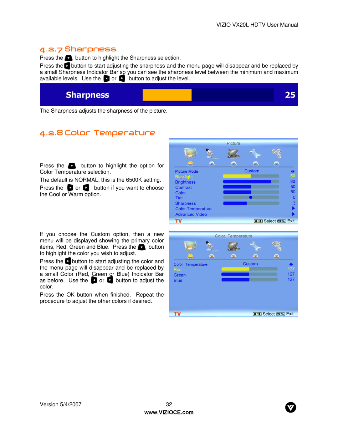 Vizio VX20L manual Sharpness, Color Temperature 