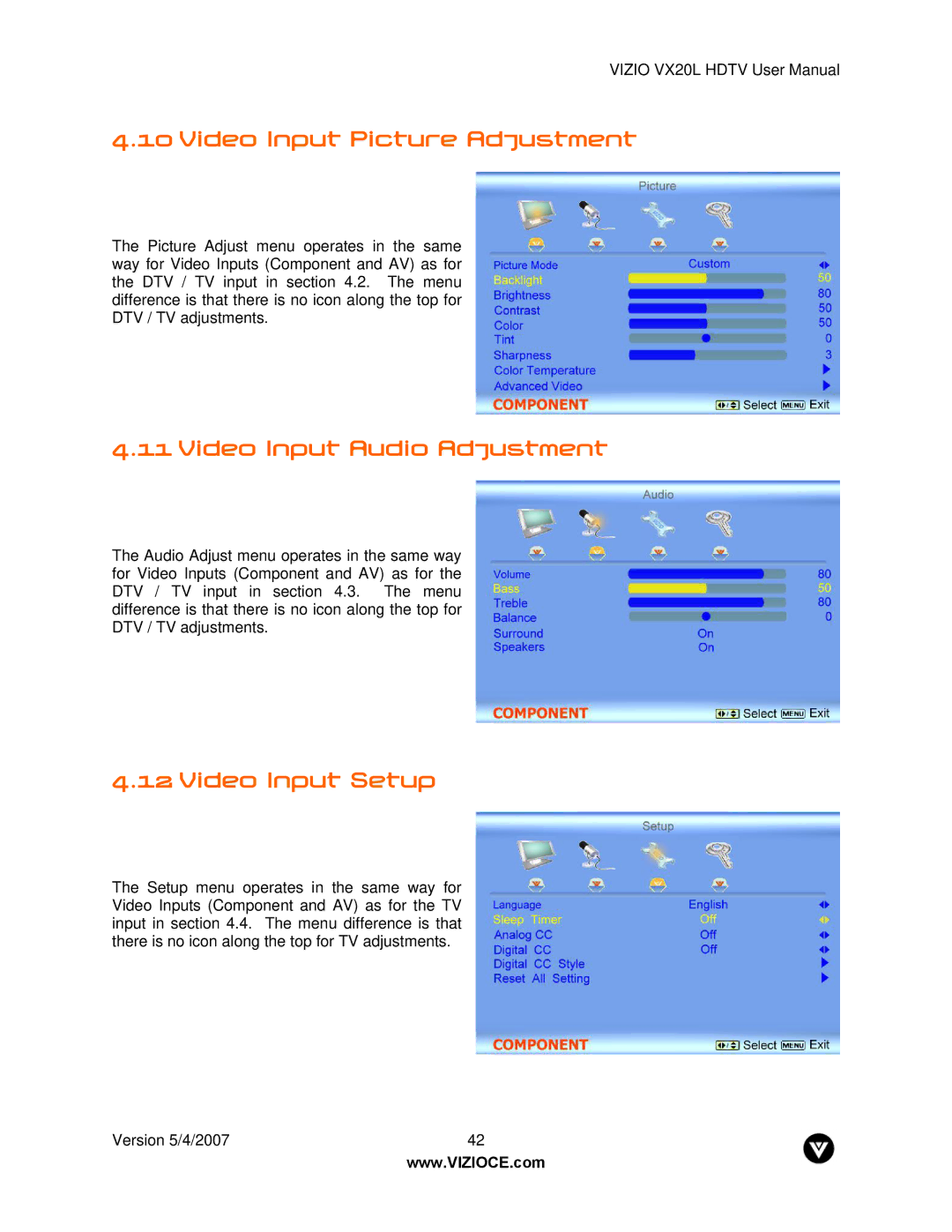 Vizio VX20L manual Video Input Picture Adjustment, Video Input Audio Adjustment, Video Input Setup 