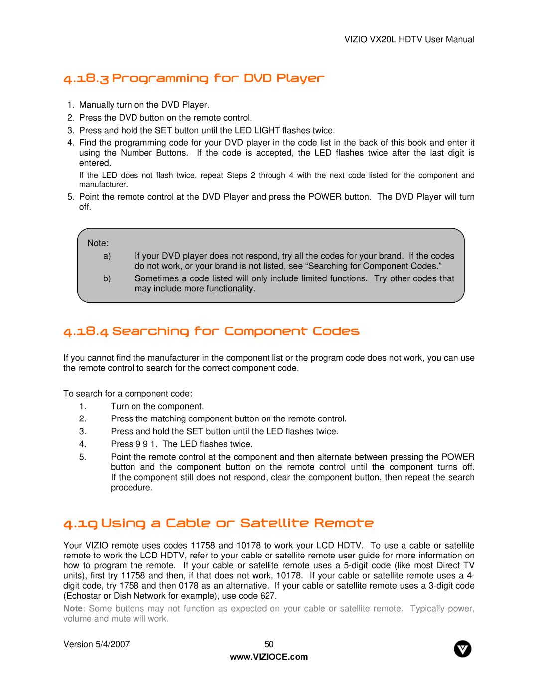 Vizio VX20L manual Using a Cable or Satellite Remote, Programming for DVD Player, Searching for Component Codes 