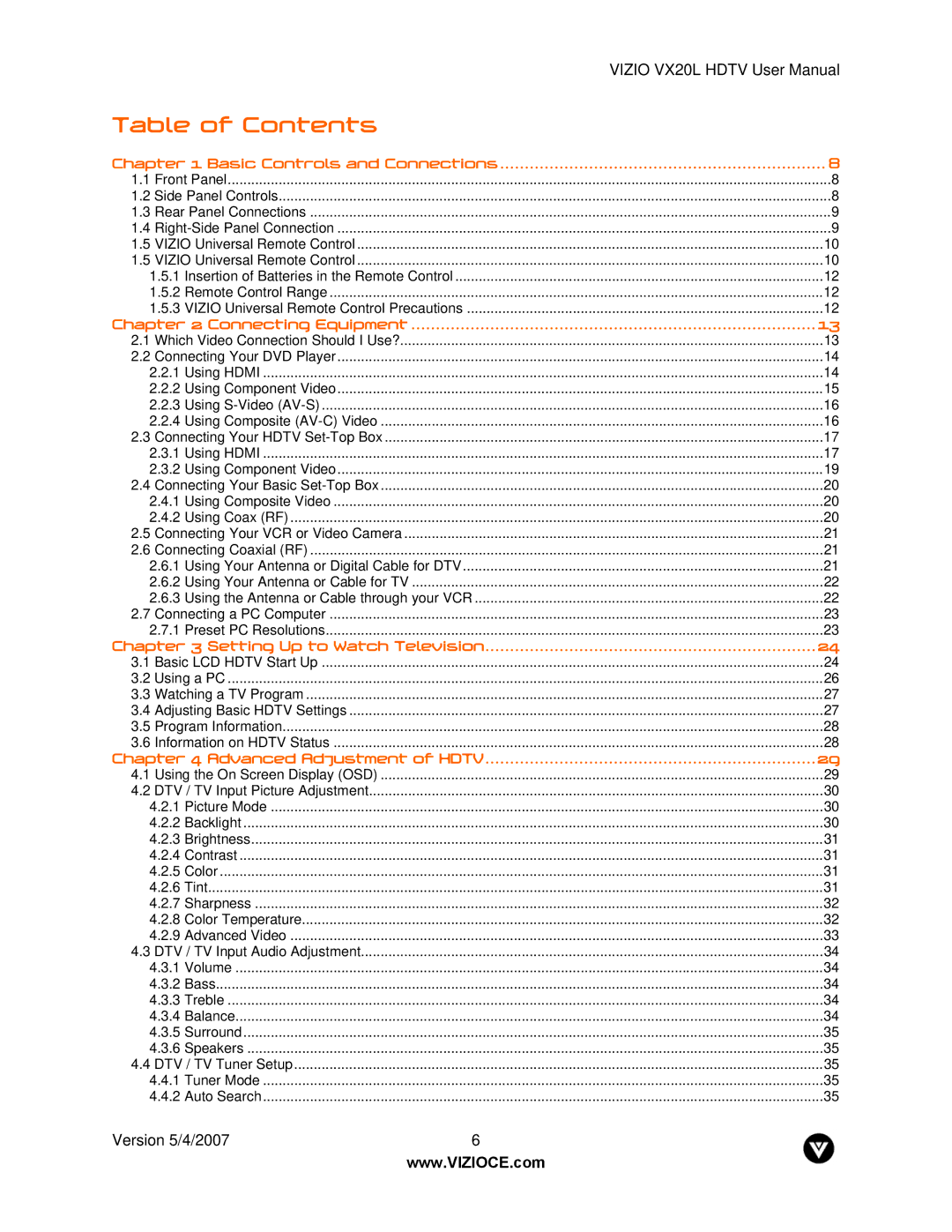 Vizio VX20L manual Table of Contents 