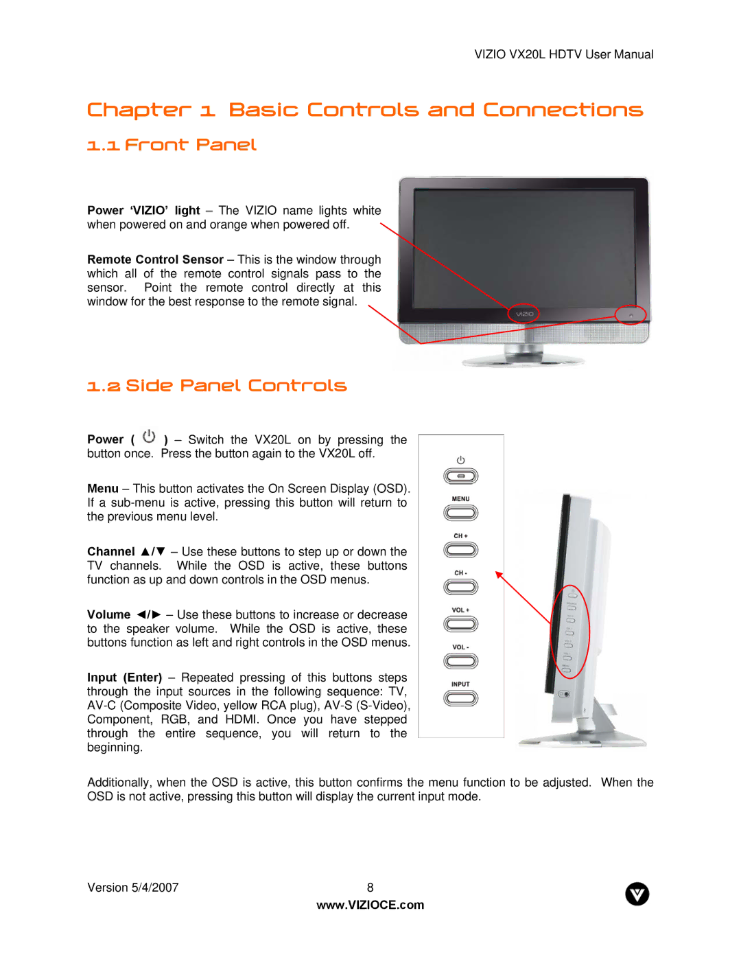 Vizio VX20L manual Front Panel, Side Panel Controls 