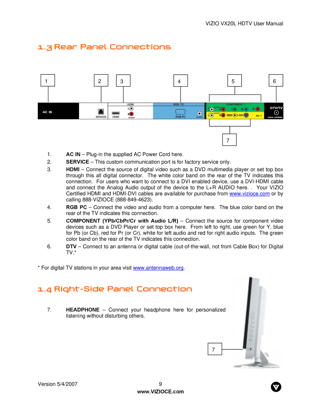 Vizio VX20L manual Rear Panel Connections, Right-Side Panel Connection 