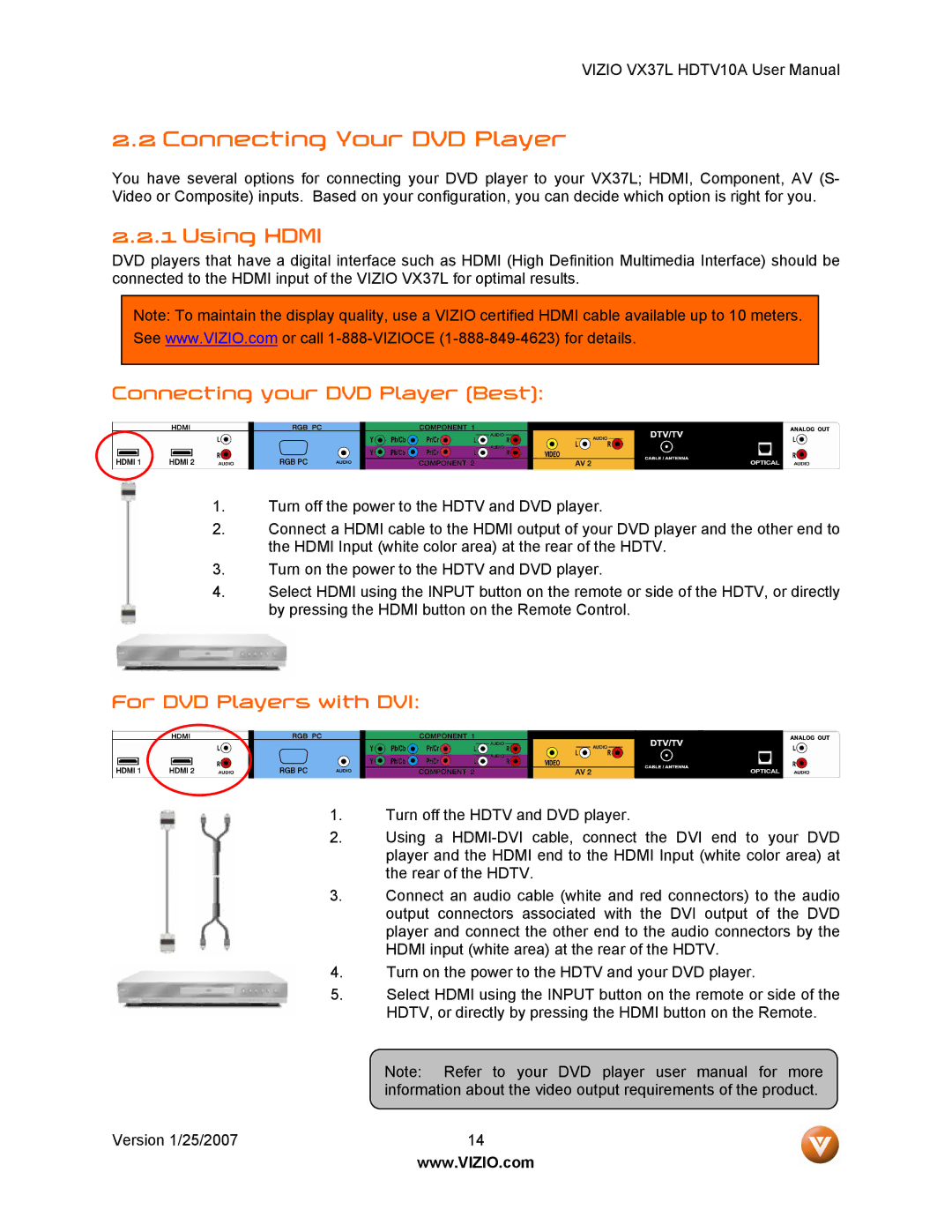 Vizio VX37LHDTV10A manual Connecting Your DVD Player, Using Hdmi, Connecting your DVD Player Best, For DVD Players with DVI 