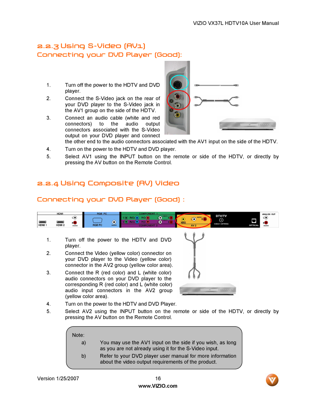 Vizio VX37LHDTV10A manual Using S-Video AV1, Using Composite AV Video, Connecting your DVD Player Good 