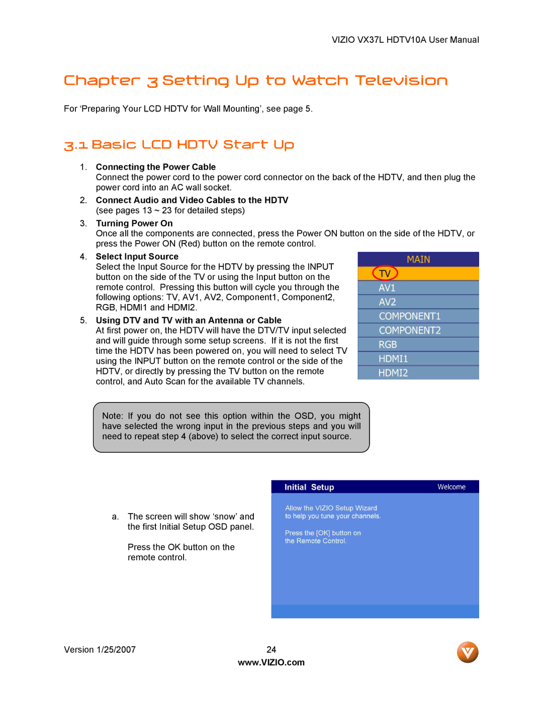 Vizio VX37LHDTV10A manual Setting Up to Watch Television, Basic LCD Hdtv Start Up 