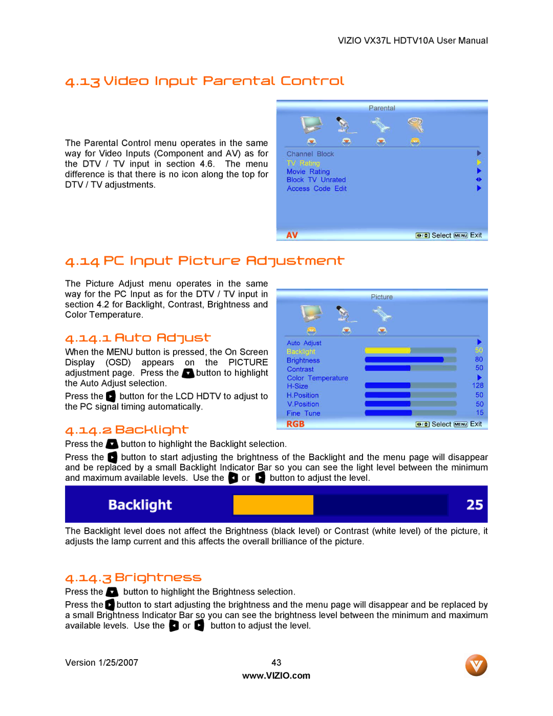 Vizio VX37LHDTV10A manual Video Input Parental Control, PC Input Picture Adjustment, Auto Adjust 