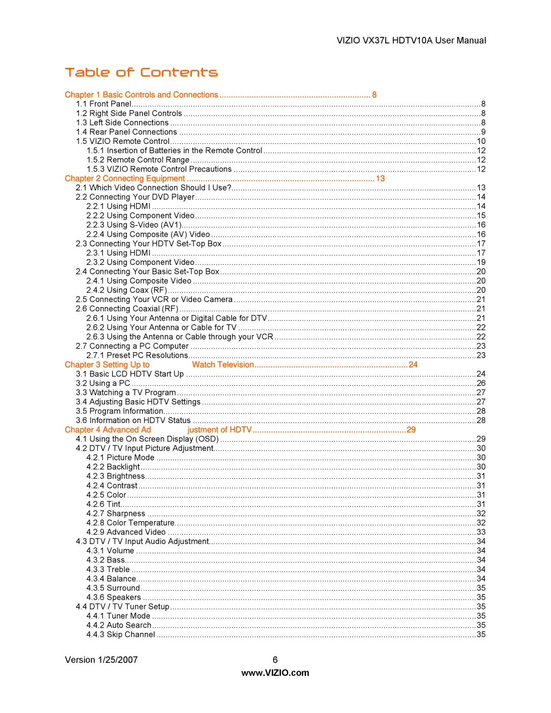 Vizio VX37LHDTV10A manual Table of Contents 