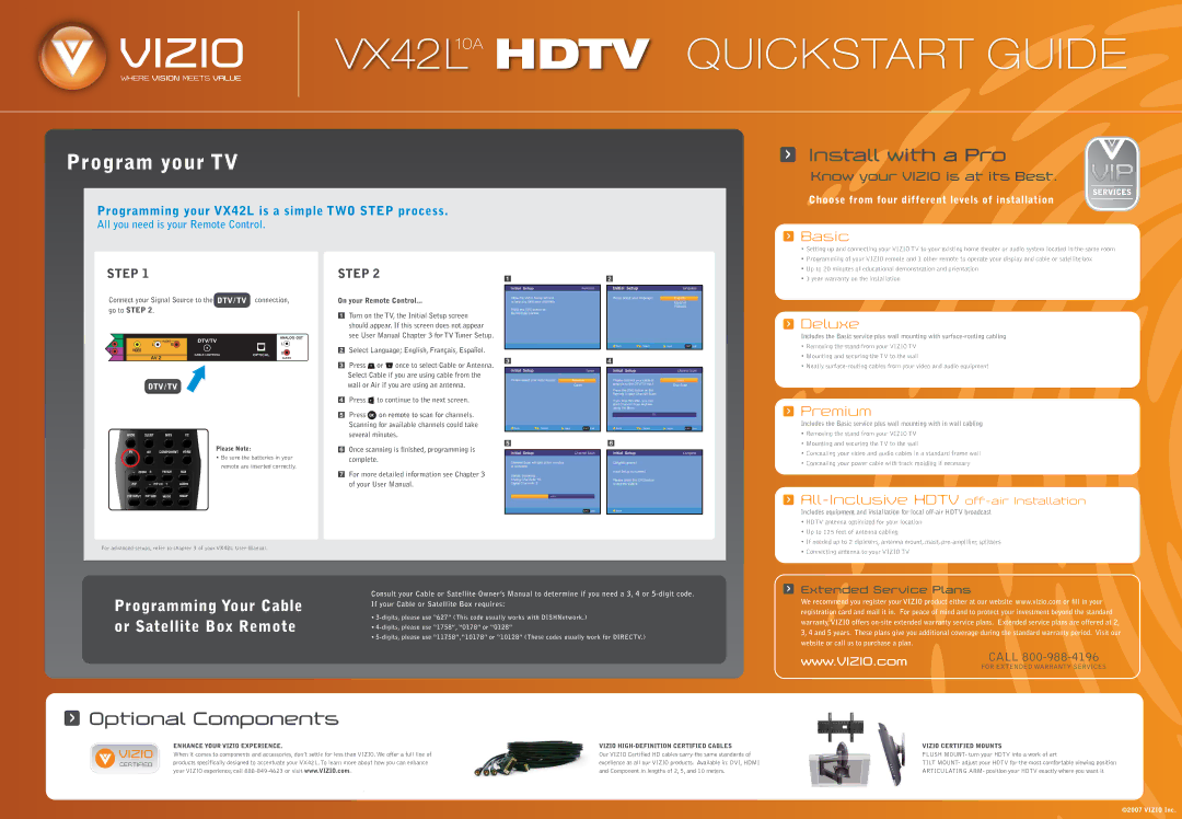 Vizio VX42L quick start Basic, Deluxe, Premium, All-Inclusive Hdtv off-air Installation 