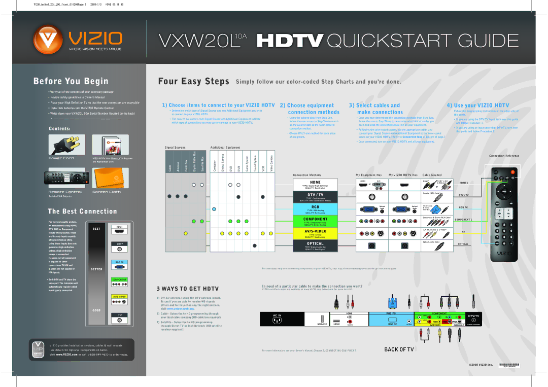 Vizio VXW20L manual VX20Limited20AQSGfront010208Page 1 2008/1/3 ¤U¤È 