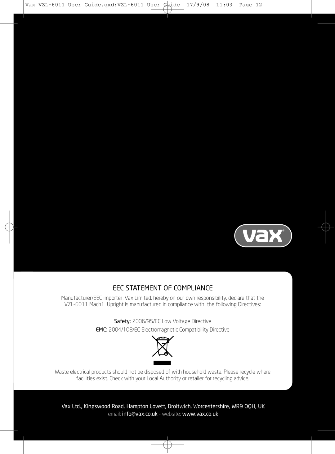 Vizio VZL-6011 instruction manual EEC Statement of Compliance 