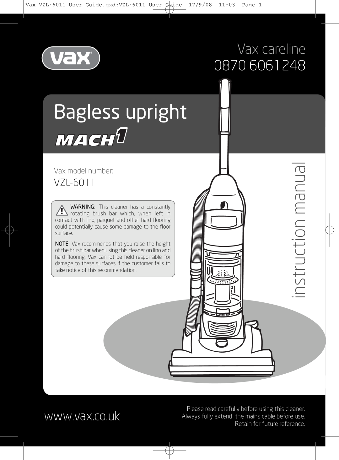 Vizio VZL-6011 instruction manual Bagless upright, Vax careline, Vax model number 