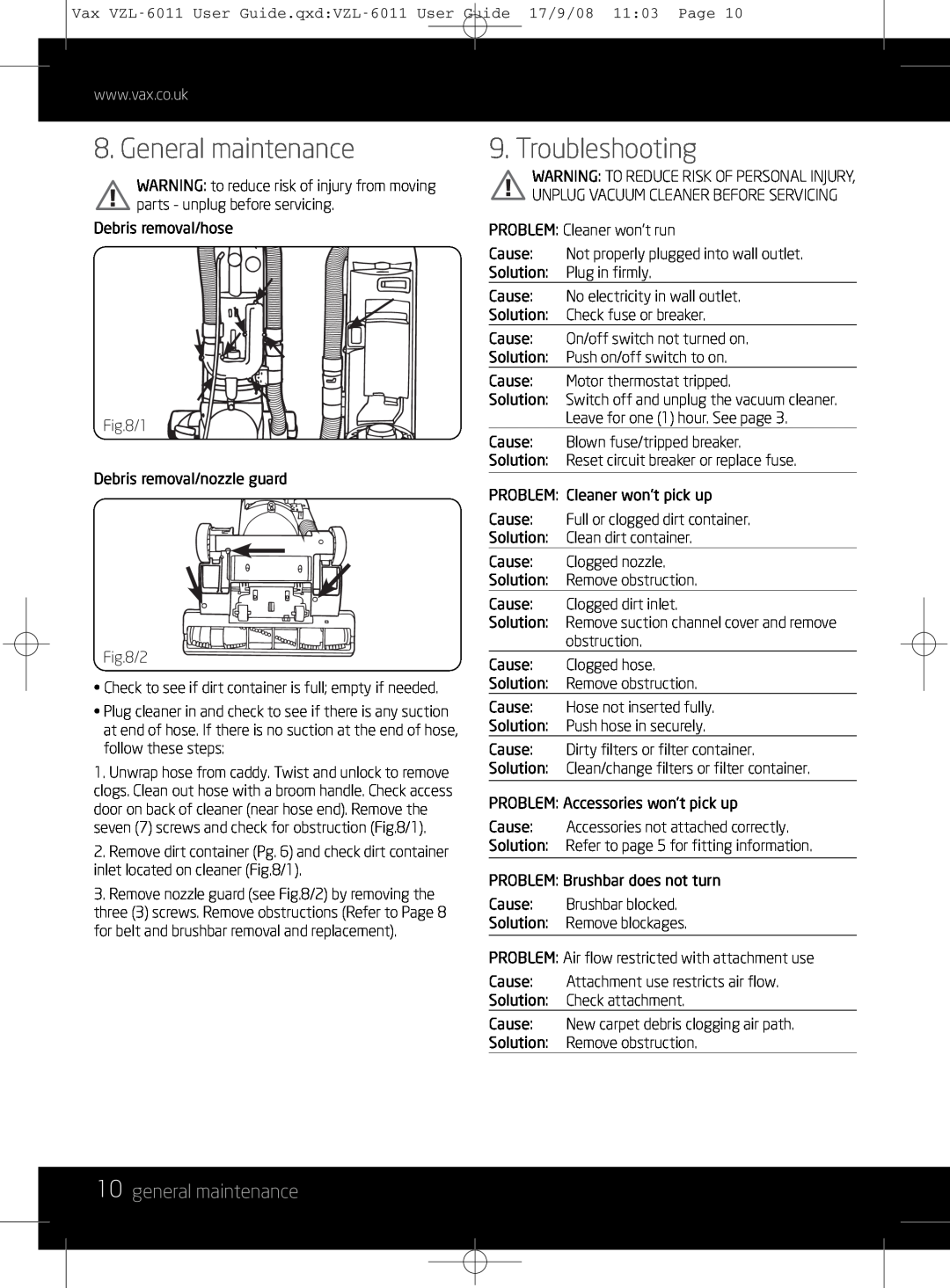 Vizio VZL-6011 instruction manual General maintenance, Troubleshooting, 10general maintenance 