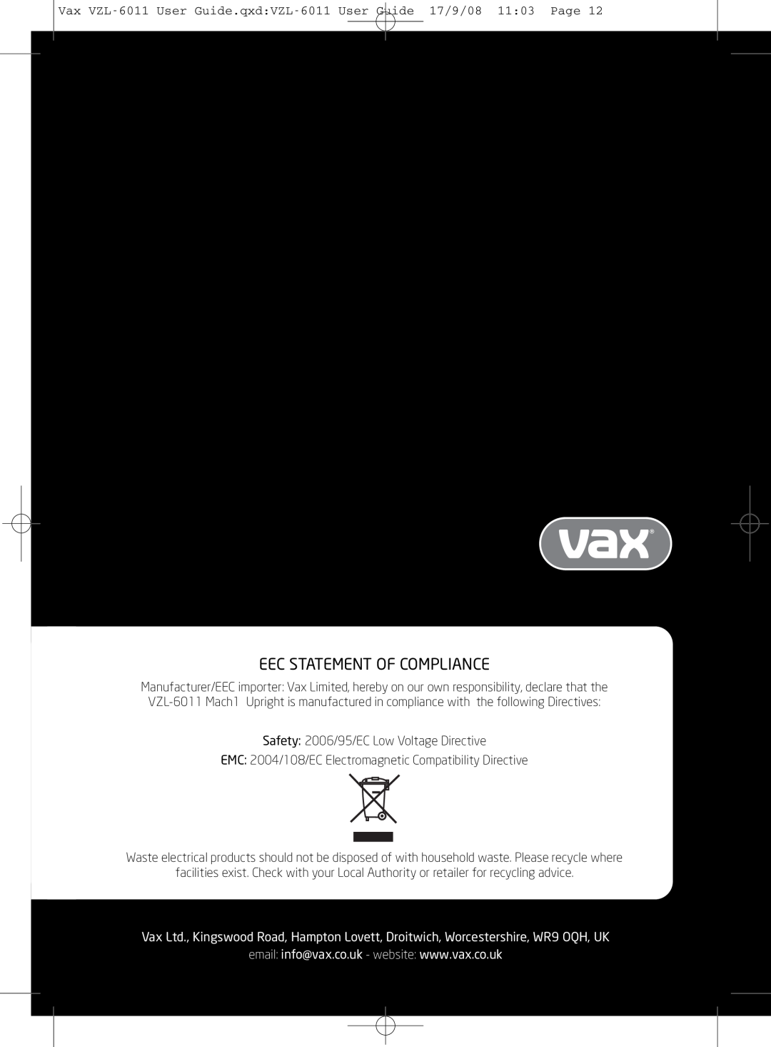 Vizio VZL-6011 instruction manual Eec Statement Of Compliance 