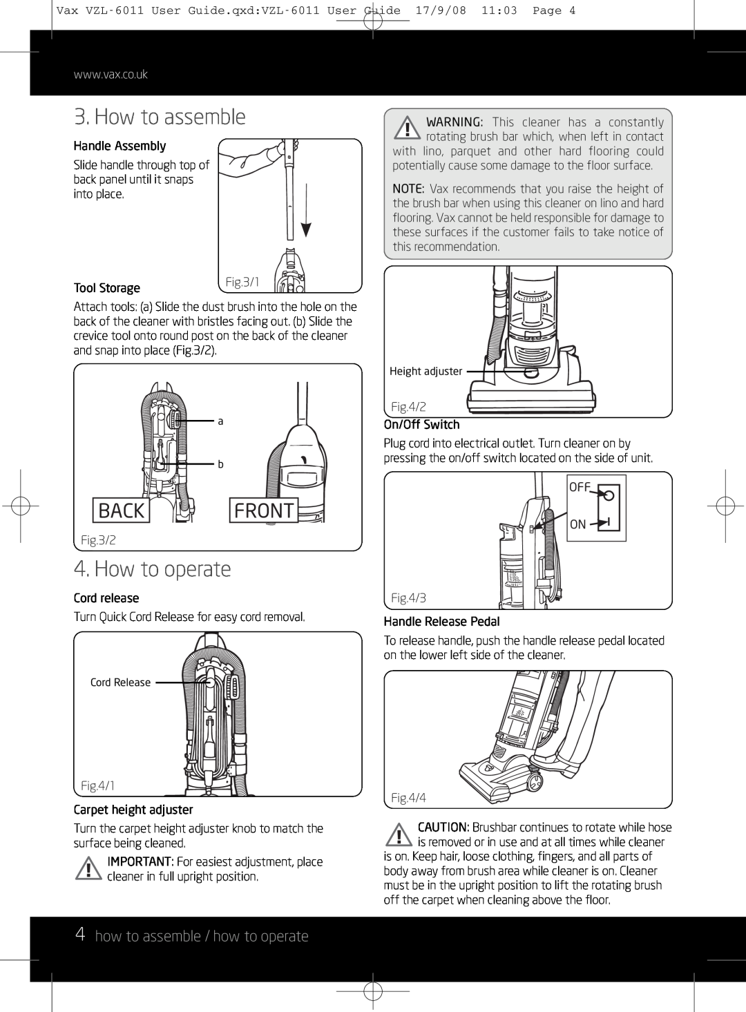 Vizio VZL-6011 instruction manual How to assemble, How to operate, 4how to assemble / how to operate, Back, Front 