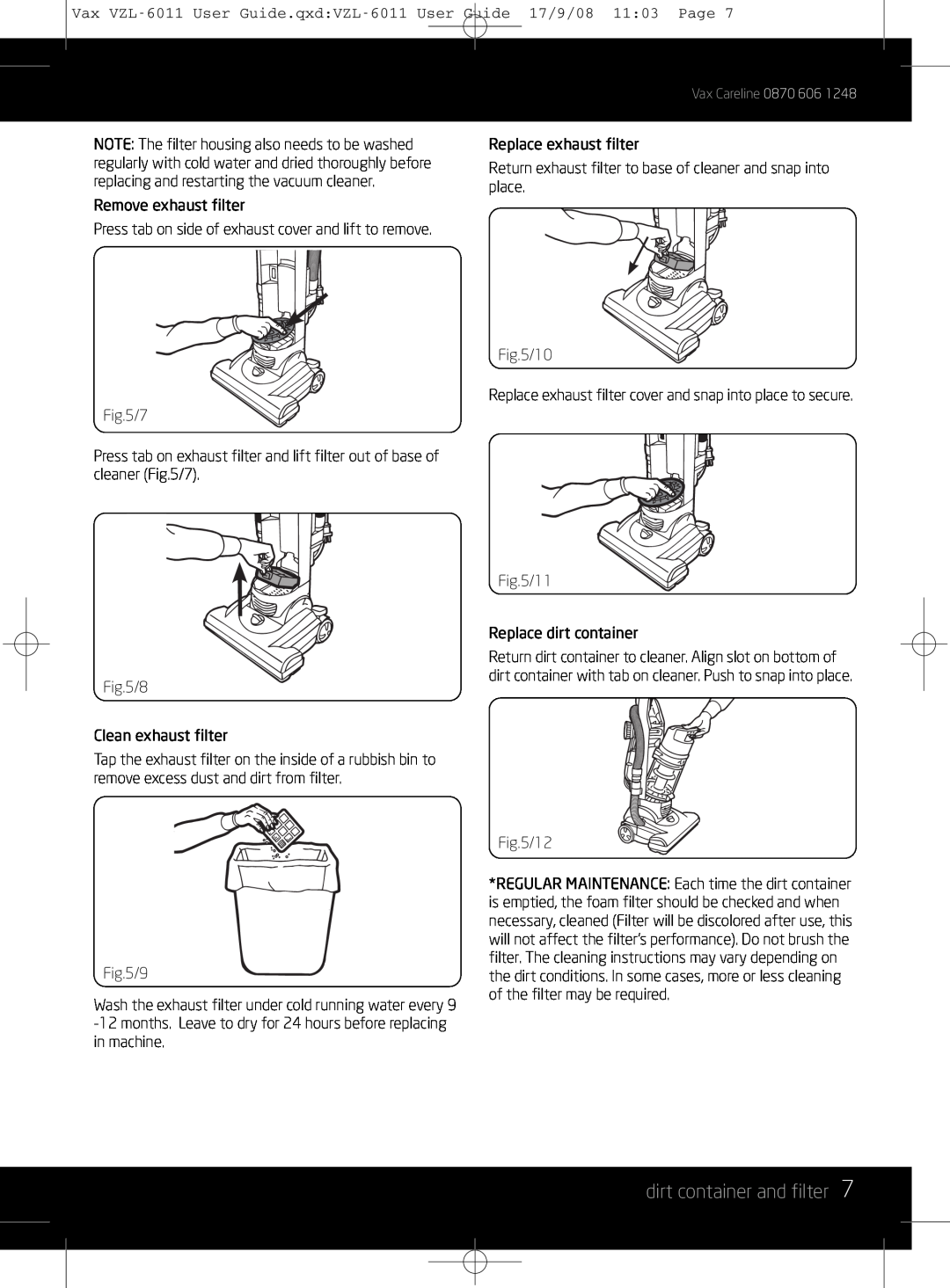 Vizio VZL-6011 instruction manual dirt container and filter 