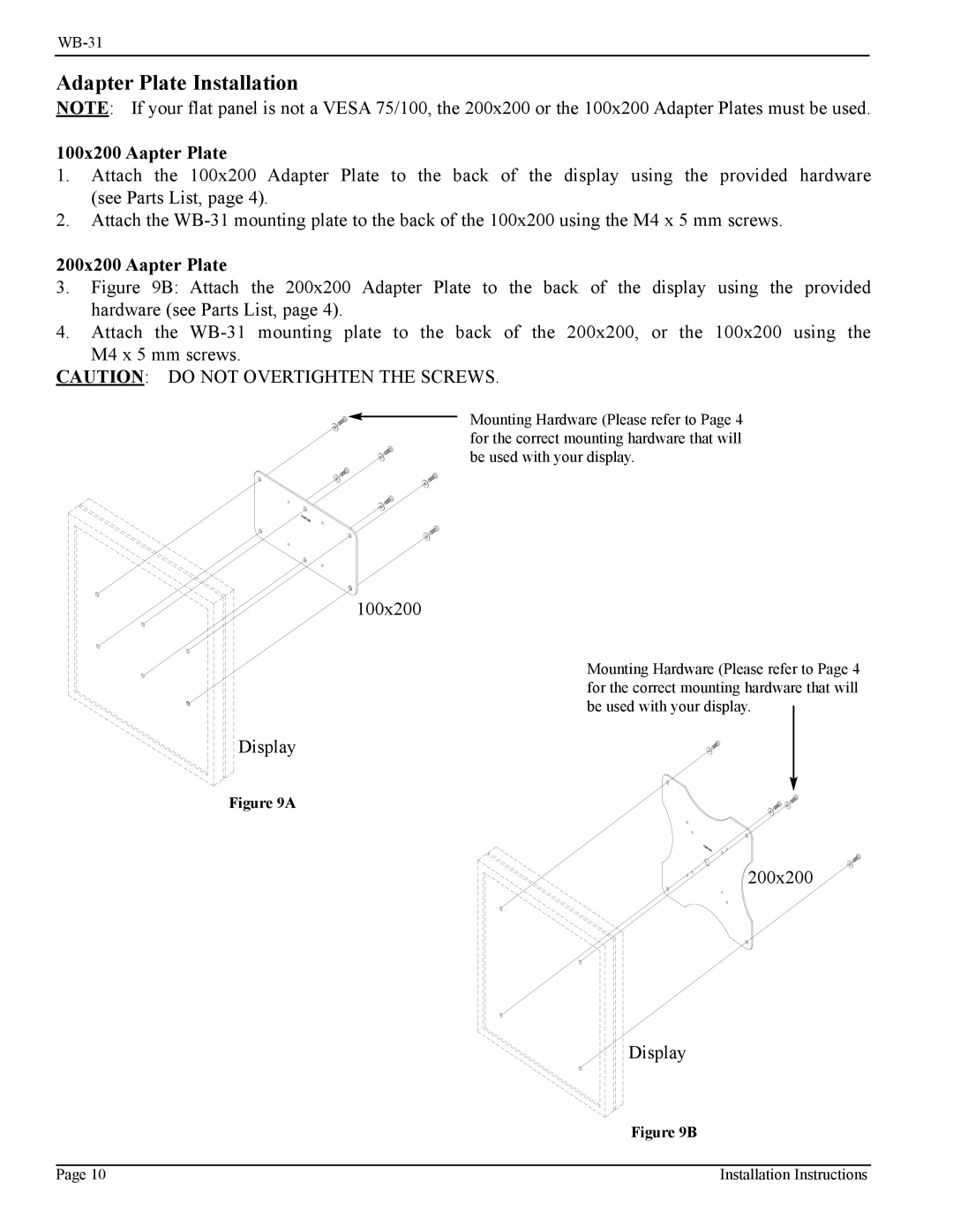 Vizio WB-31 installation manual Adapter Plate Installation, 100x200 Aapter Plate 