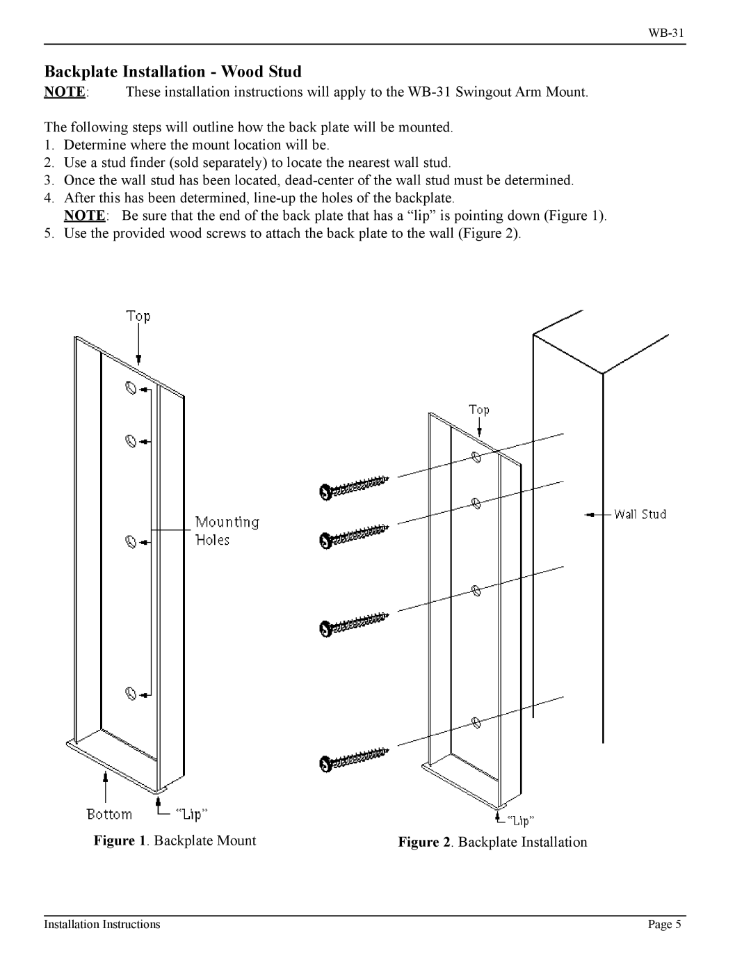 Vizio WB-31 installation manual Backplate Installation Wood Stud, Backplate Mount 