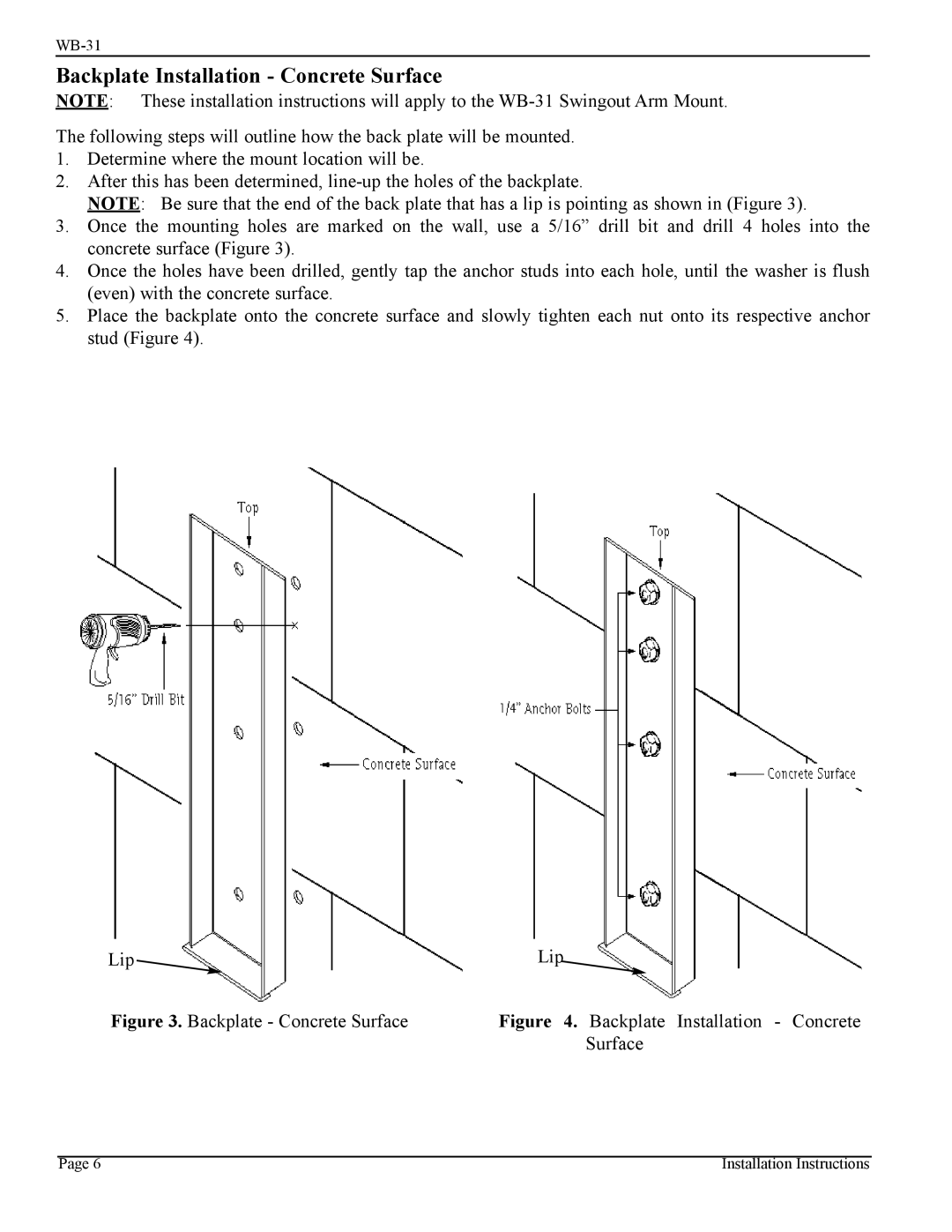 Vizio WB-31 installation manual Backplate Installation Concrete Surface, Backplate Concrete Surface 