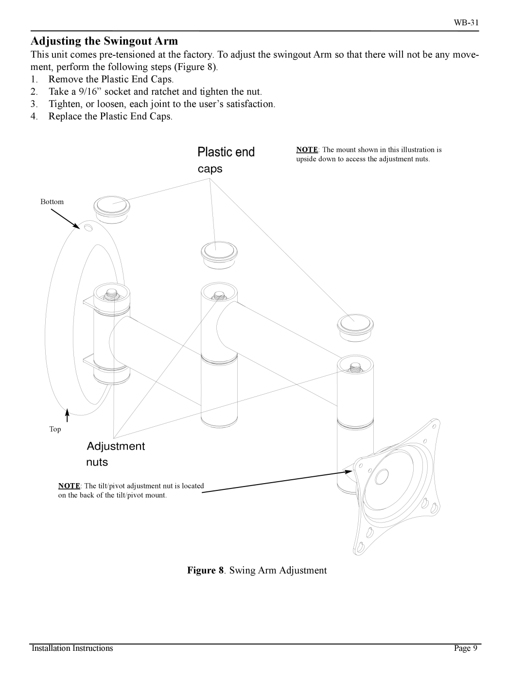 Vizio WB-31 installation manual Adjustment nuts, Adjusting the Swingout Arm 