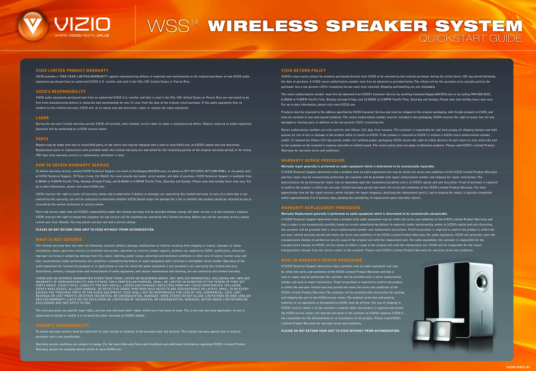 Vizio manual WSS1A WIRELESS SPEAKER SYSTEM, Quickstart Guide 
