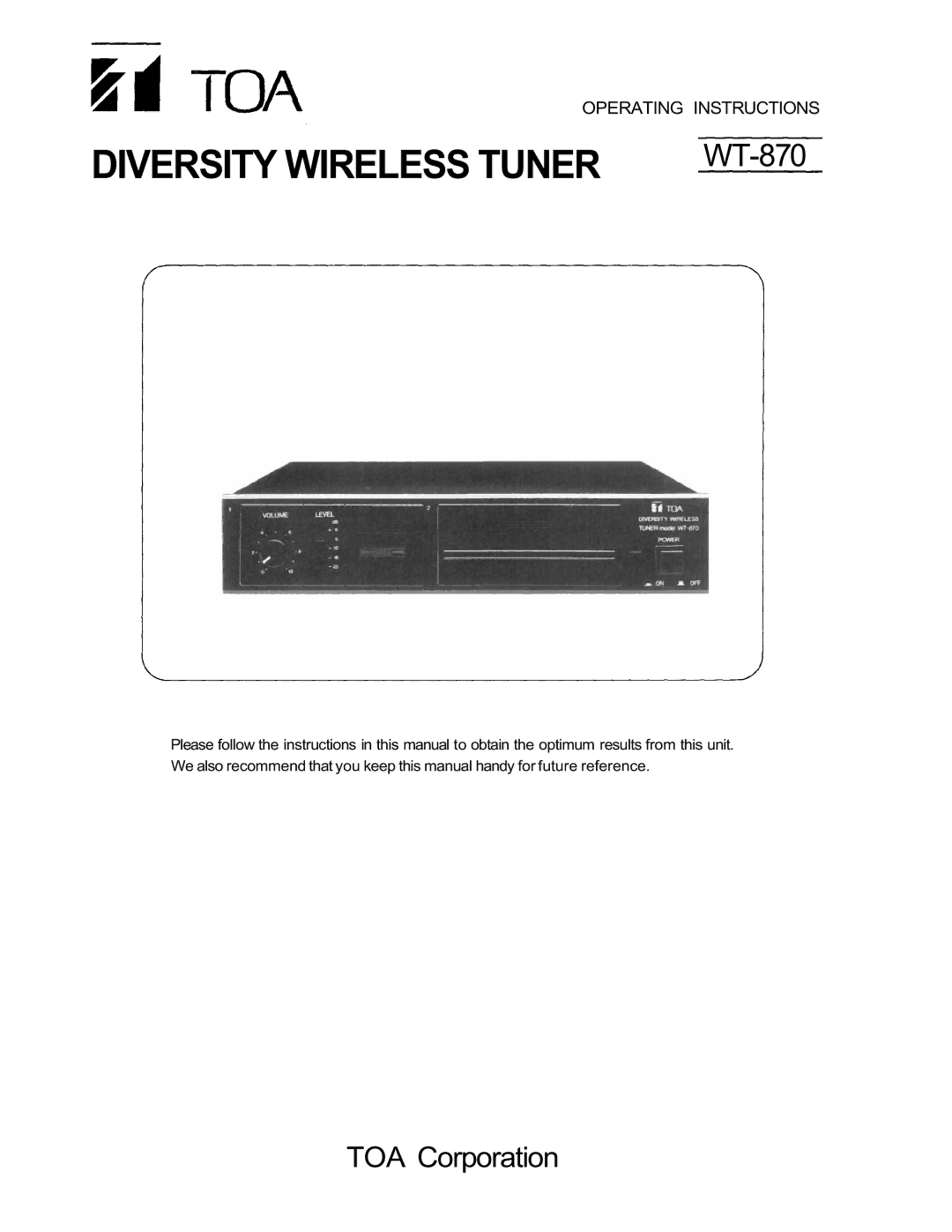 Vizio WT-870 operating instructions Diversity Wireless Tuner 