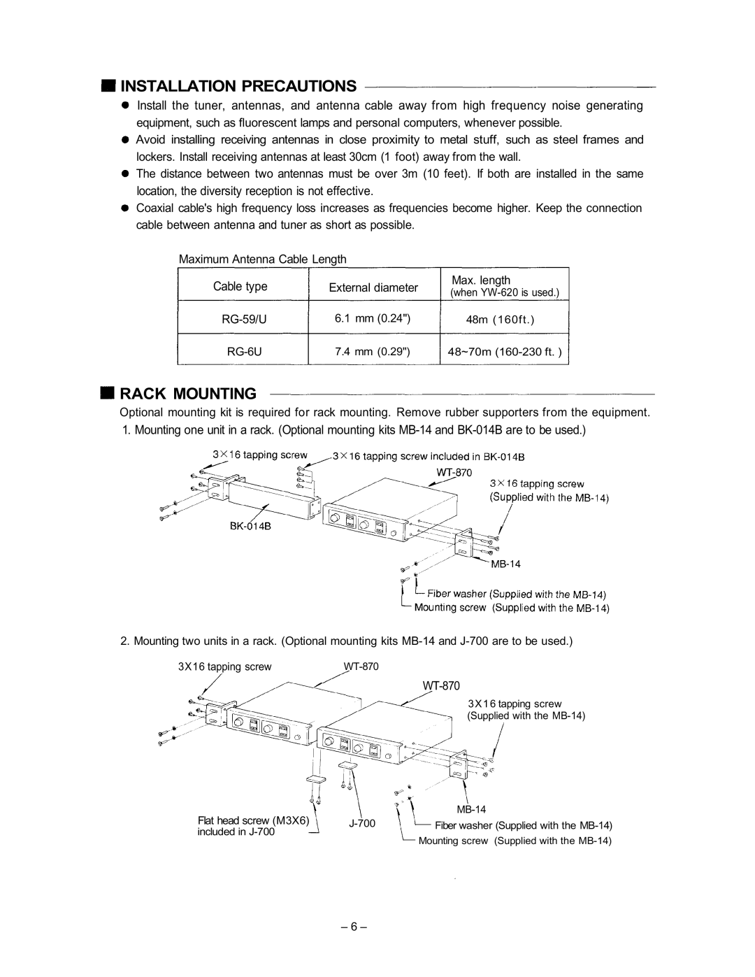 Vizio WT-870 Installation Precautions, Rack Mounting, Location, the diversity reception is not effective, Cable type 