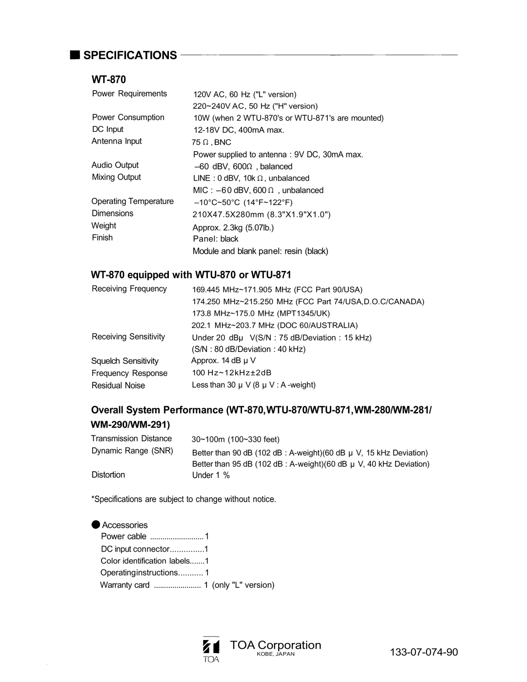 Vizio WT-870 operating instructions Specifications, Dimensions, Module and blank panel resin black, Residual Noise 