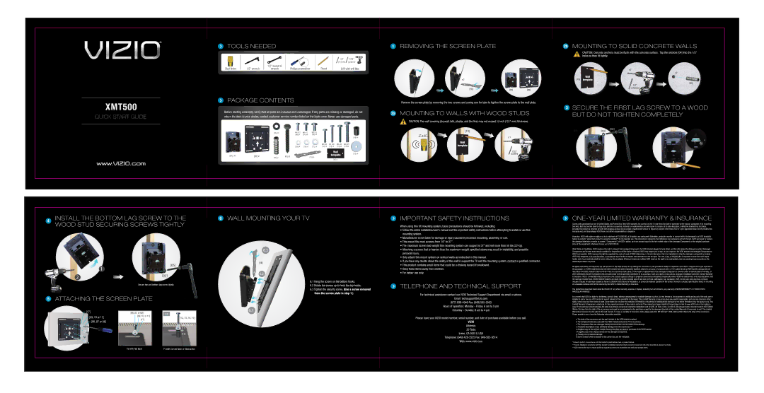 Vizio XMT500 quick start Tools Needed, Removing the Screen Plate, Package Contents, ONE-YEAR Limited Warranty & Insurance 