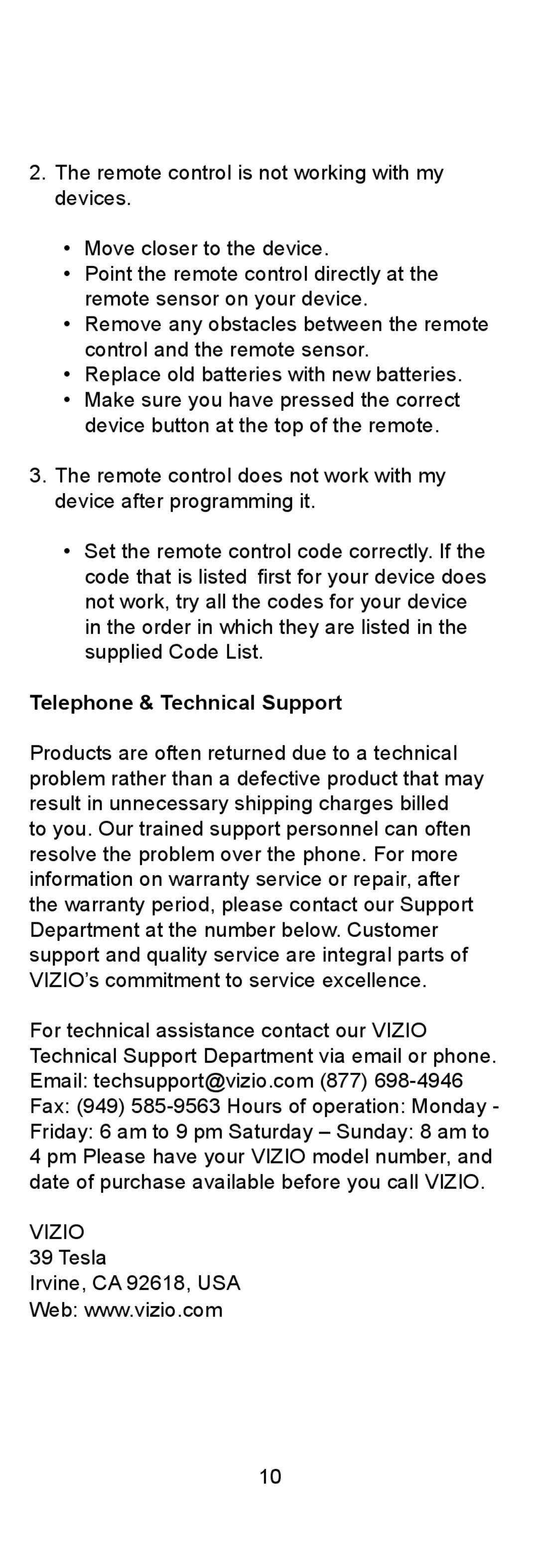 Vizio XRU110 quick start Telephone & Technical Support 