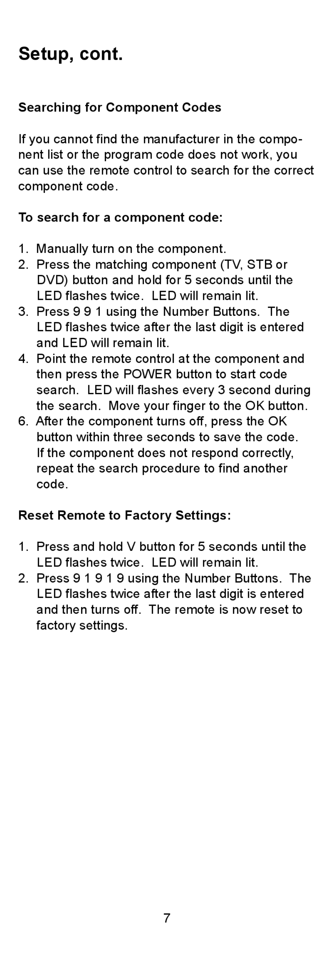 Vizio XRU110 Setup, Searching for Component Codes, To search for a component code, Reset Remote to Factory Settings 