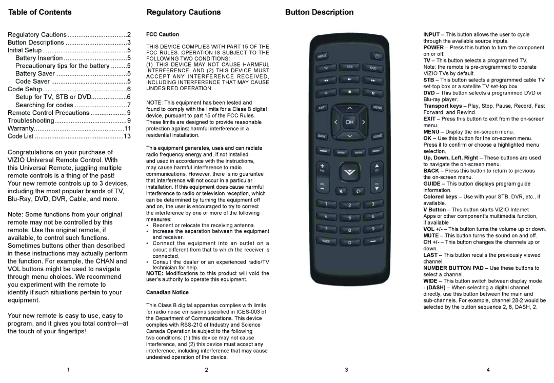 Vizio XRU110 quick start Table of Contents, Regulatory Cautions Button Description 