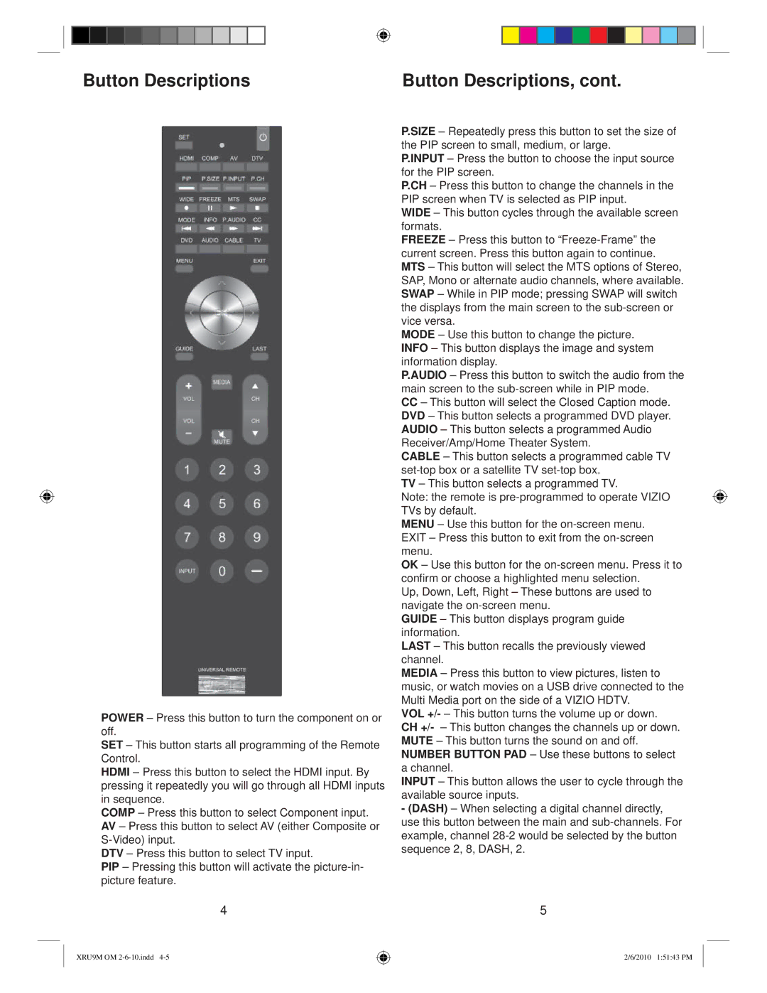 Vizio XRU9M manual Button Descriptions 