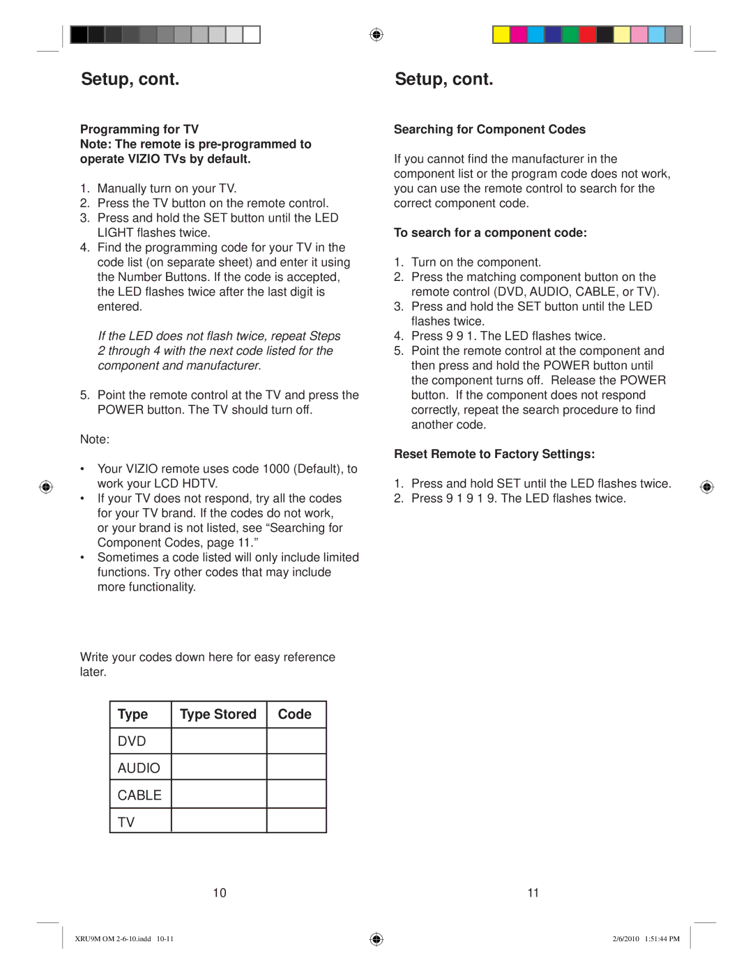 Vizio XRU9M manual Programming for TV, Searching for Component Codes, To search for a component code 