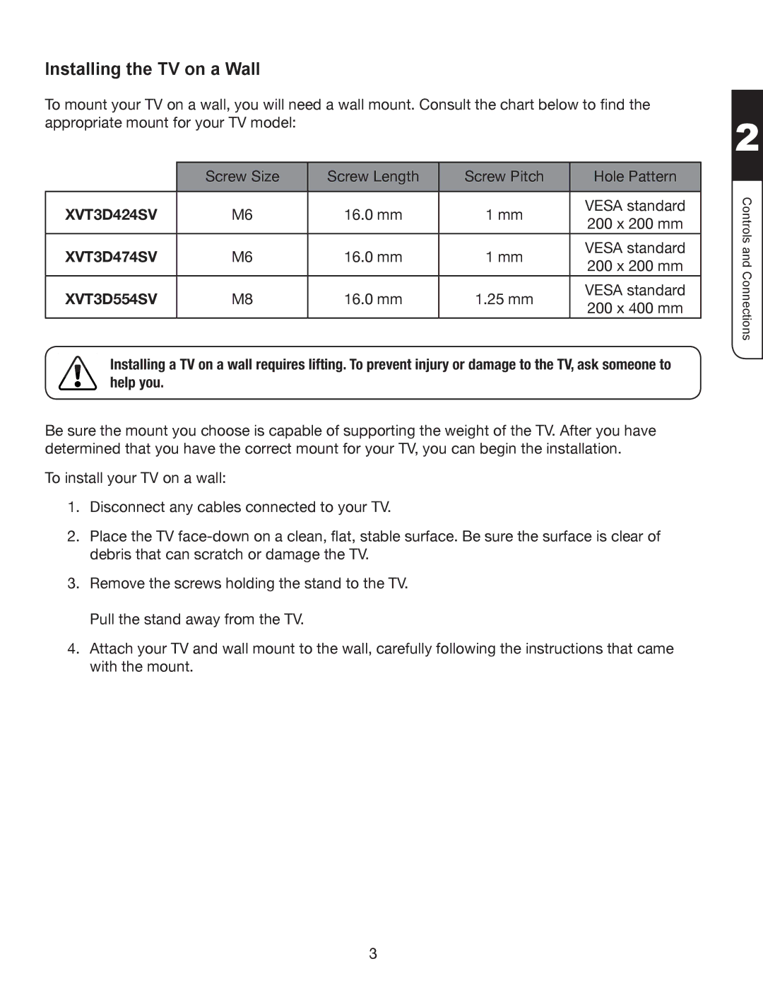 Vizio XVT3D474SV, XVT3D424SV manual Installing the TV on a Wall, XVT3D554SV 