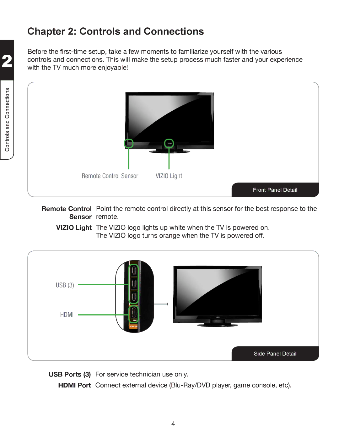 Vizio XVT3D424SV, XVT3D474SV, XVT3D554SV manual Controls and Connections, Remote Control Sensor 