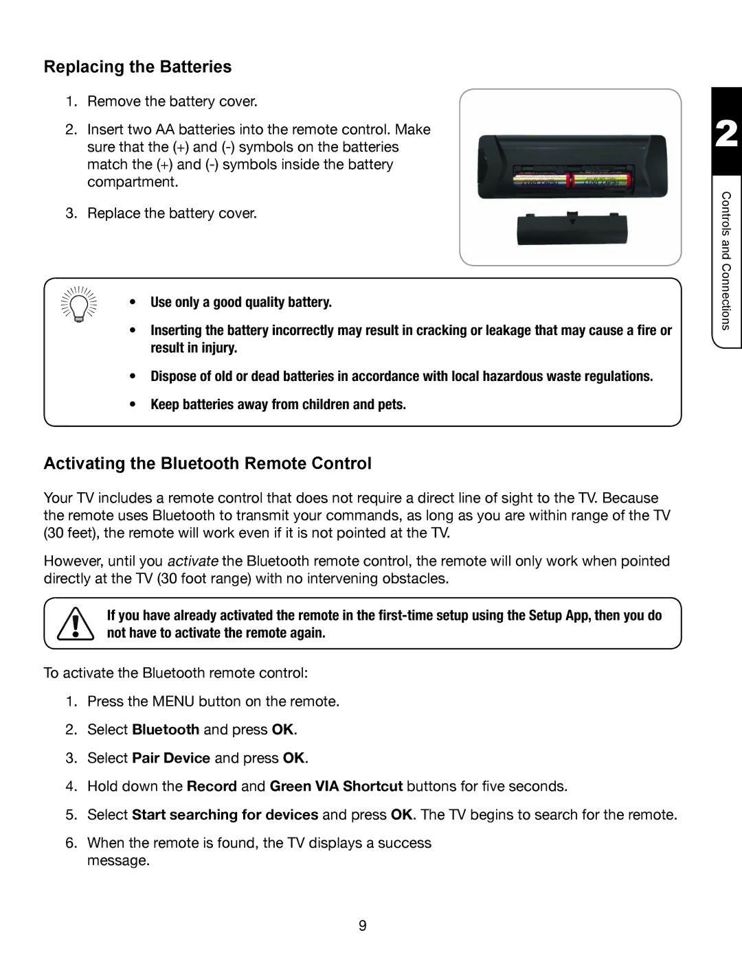 Vizio XVT3D474SV, XVT3D424SV, XVT3D554SV manual Replacing the Batteries, Activating the Bluetooth Remote Control 