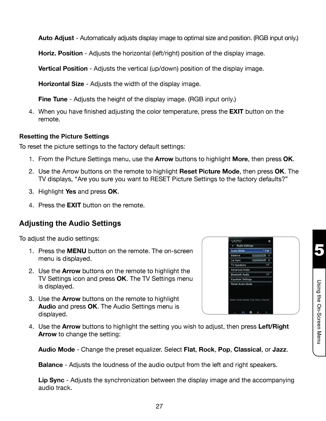 Vizio XVT3D474SV, XVT3D424SV, XVT3D554SV manual Adjusting the Audio Settings, Resetting the Picture Settings 