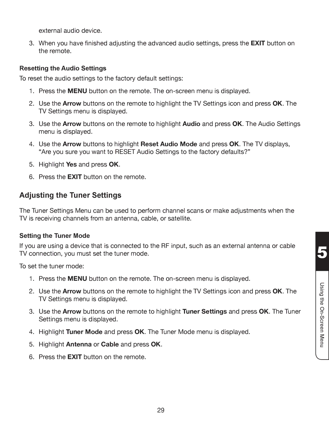 Vizio XVT3D554SV, XVT3D474SV, XVT3D424SV Adjusting the Tuner Settings, Resetting the Audio Settings, Setting the Tuner Mode 