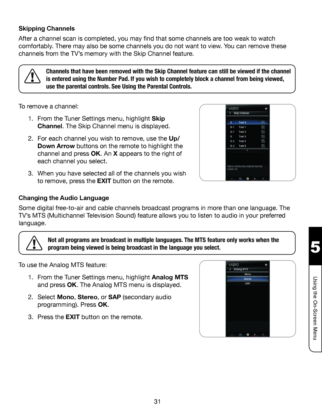 Vizio XVT3D424SV, XVT3D474SV, XVT3D554SV manual Skipping Channels, Changing the Audio Language 