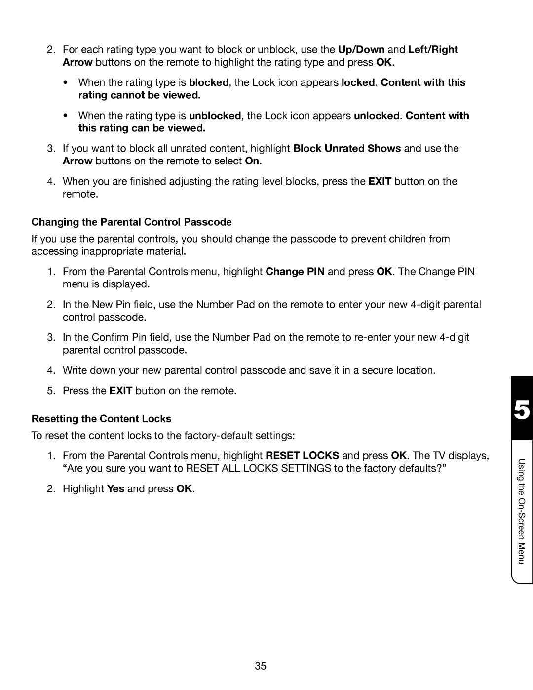 Vizio XVT3D554SV, XVT3D474SV, XVT3D424SV manual Changing the Parental Control Passcode, Resetting the Content Locks 