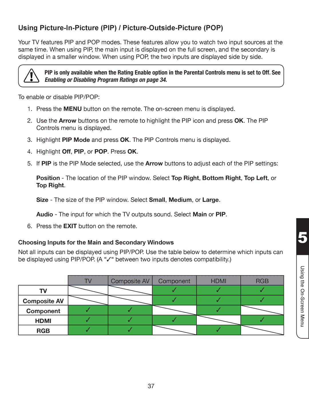 Vizio XVT3D424SV, XVT3D474SV, XVT3D554SV manual Using Picture-In-Picture PIP / Picture-Outside-Picture POP, Component 