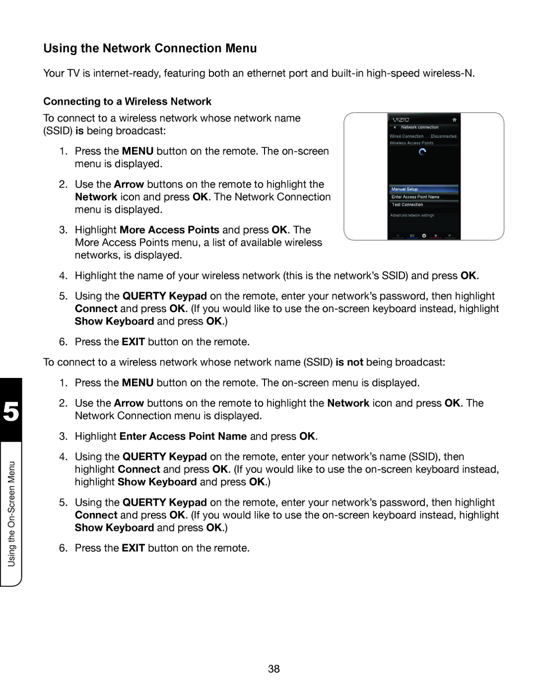 Vizio XVT3D554SV, XVT3D474SV, XVT3D424SV Using the Network Connection Menu, Highlight Enter Access Point Name and press OK 