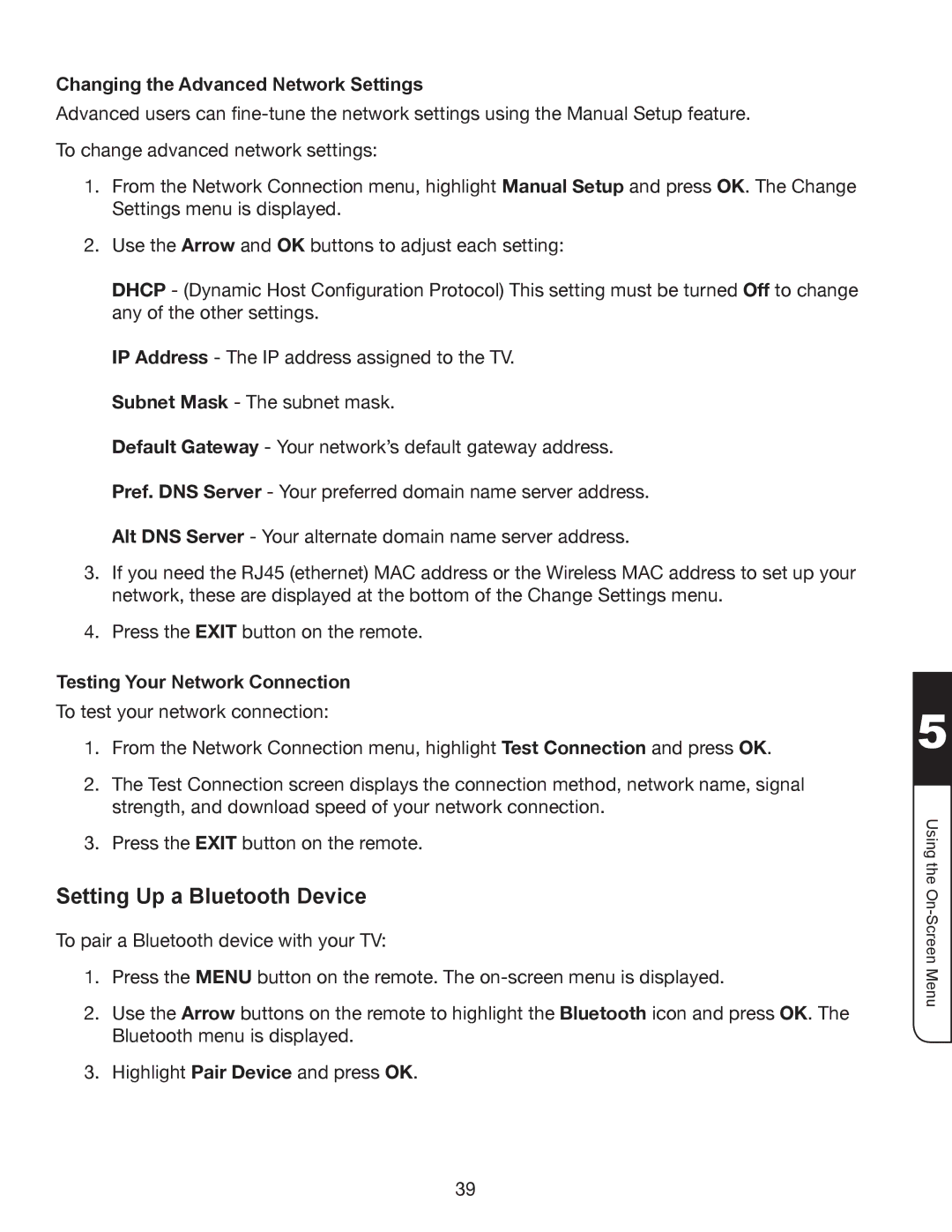 Vizio XVT3D474SV Setting Up a Bluetooth Device, Changing the Advanced Network Settings, Testing Your Network Connection 