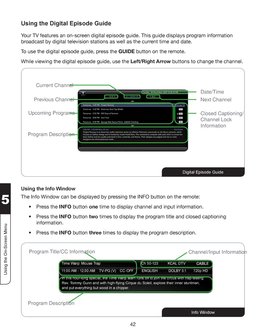 Vizio XVT3D474SV, XVT3D424SV, XVT3D554SV manual Using the Digital Episode Guide, Using the Info Window 