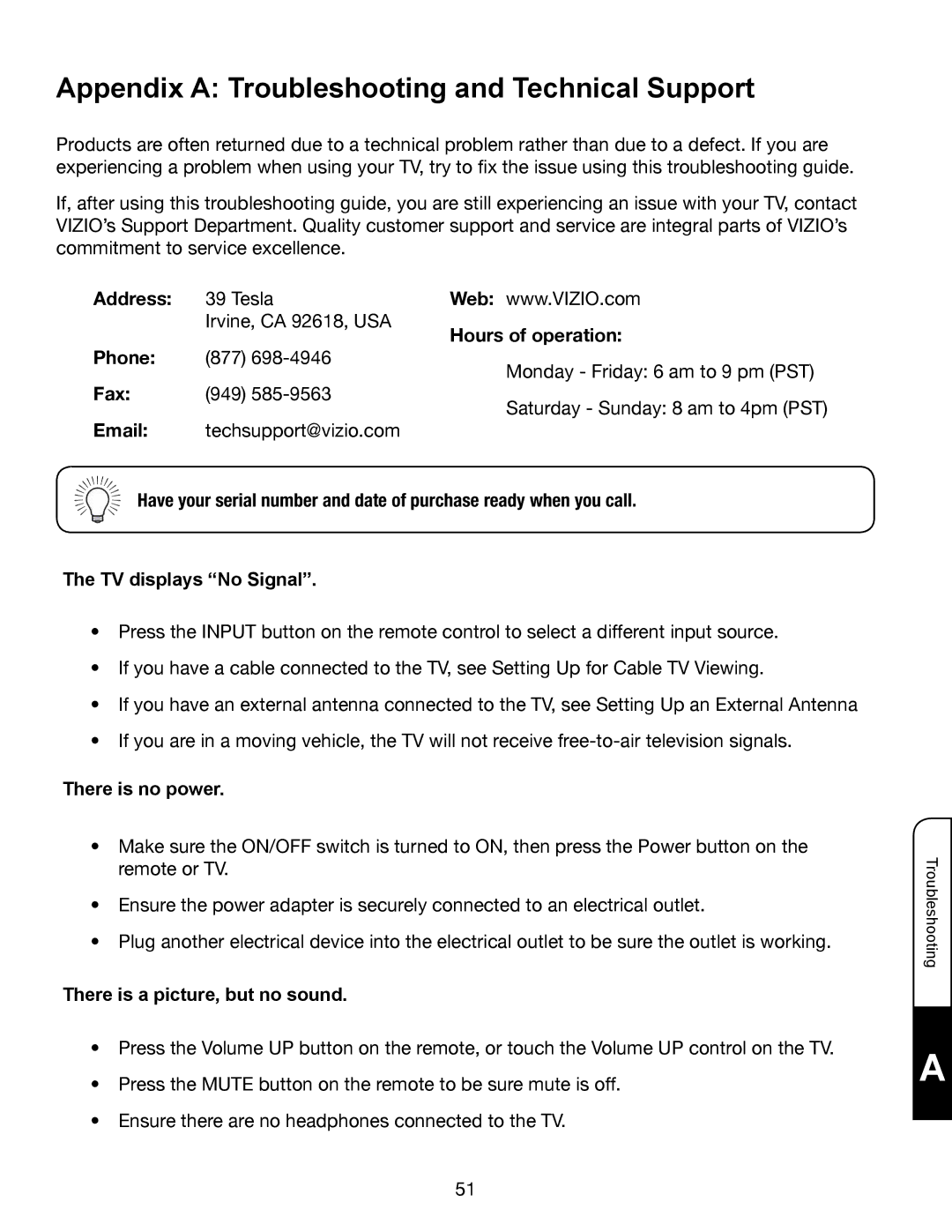 Vizio XVT3D474SV, XVT3D424SV, XVT3D554SV manual Appendix a Troubleshooting and Technical Support 