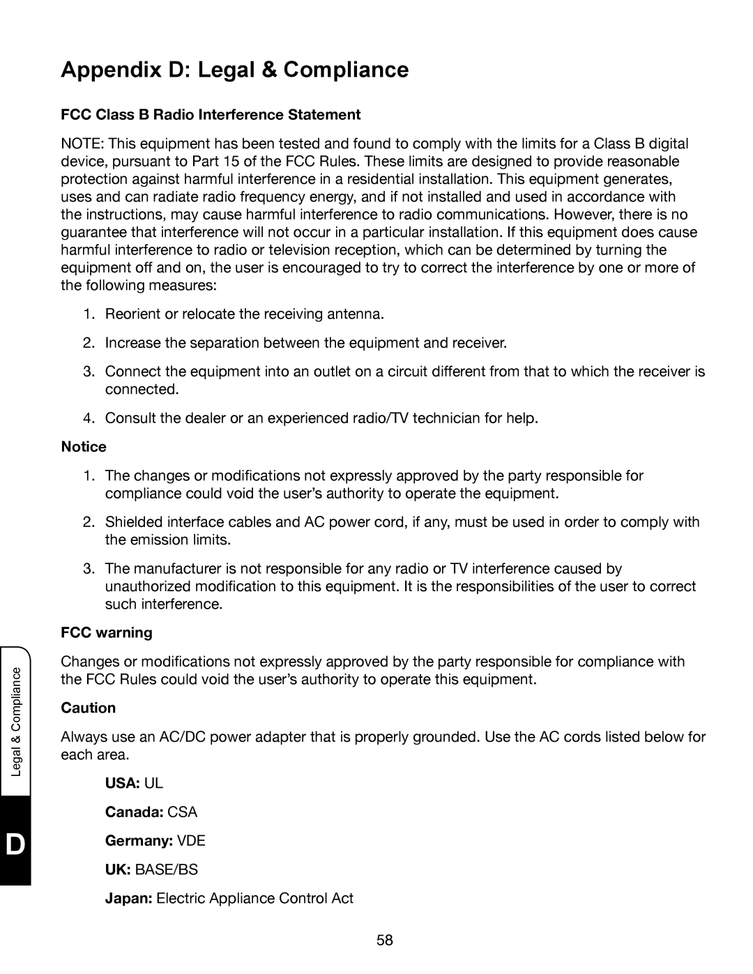 Vizio XVT3D424SV, XVT3D474SV manual Appendix D Legal & Compliance, FCC Class B Radio Interference Statement, FCC warning 