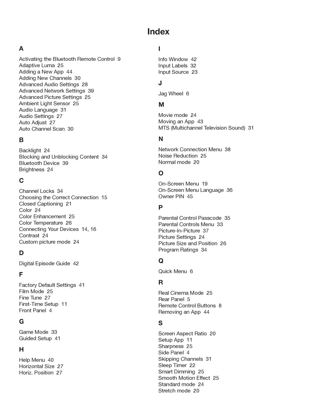 Vizio XVT3D554SV, XVT3D474SV, XVT3D424SV manual Index 