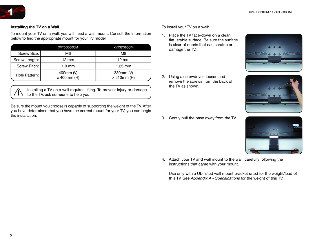 Vizio XVT3D580CM, XVT3D500CM user manual Installing the TV on a Wall 