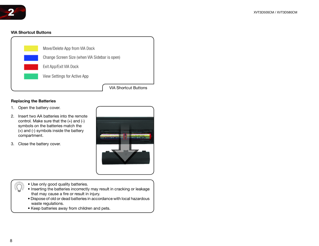 Vizio XVT3D580CM, XVT3D500CM user manual VIA Shortcut Buttons, Replacing the Batteries 