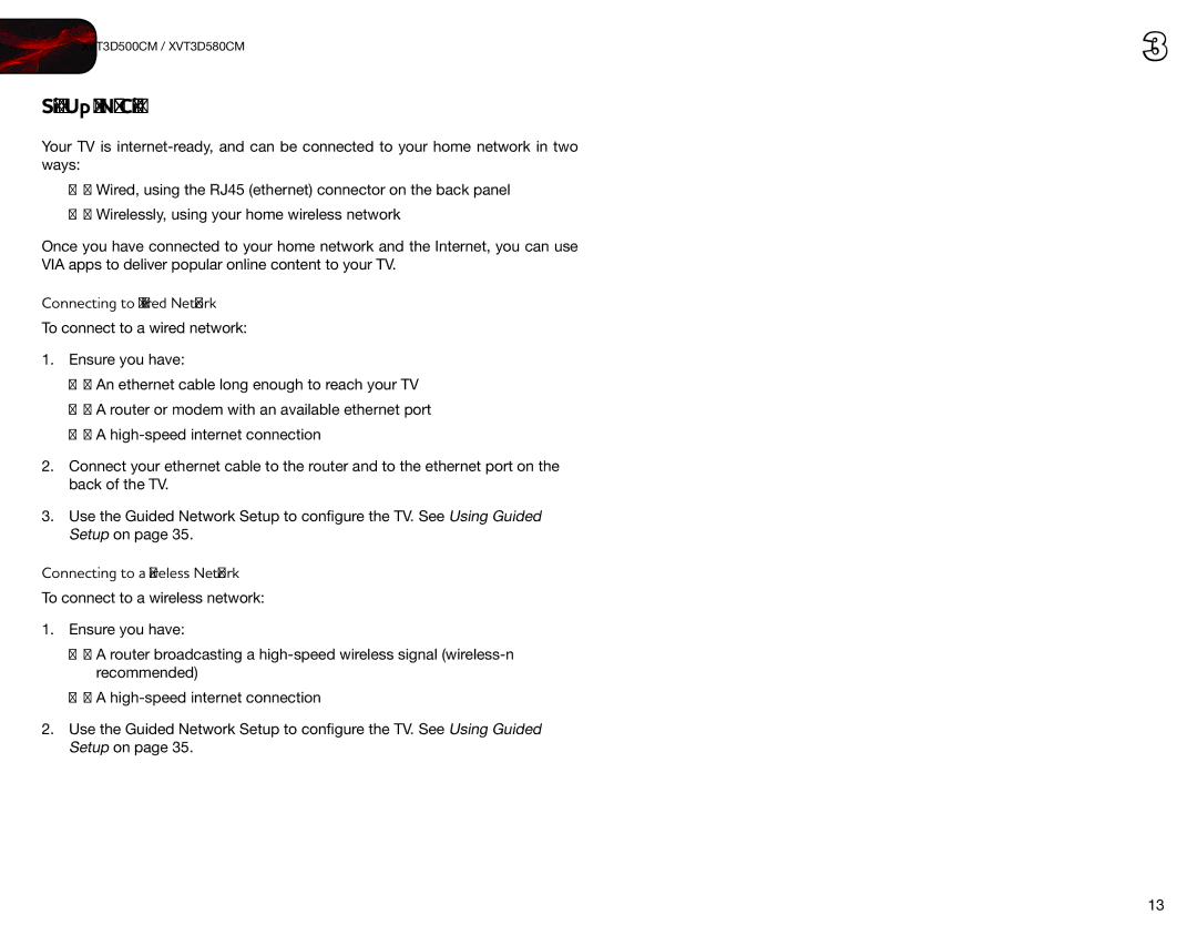 Vizio XVT3D500CM Setting Up Your Network Connection, Connecting to a Wired Network, Connecting to a Wireless Network 
